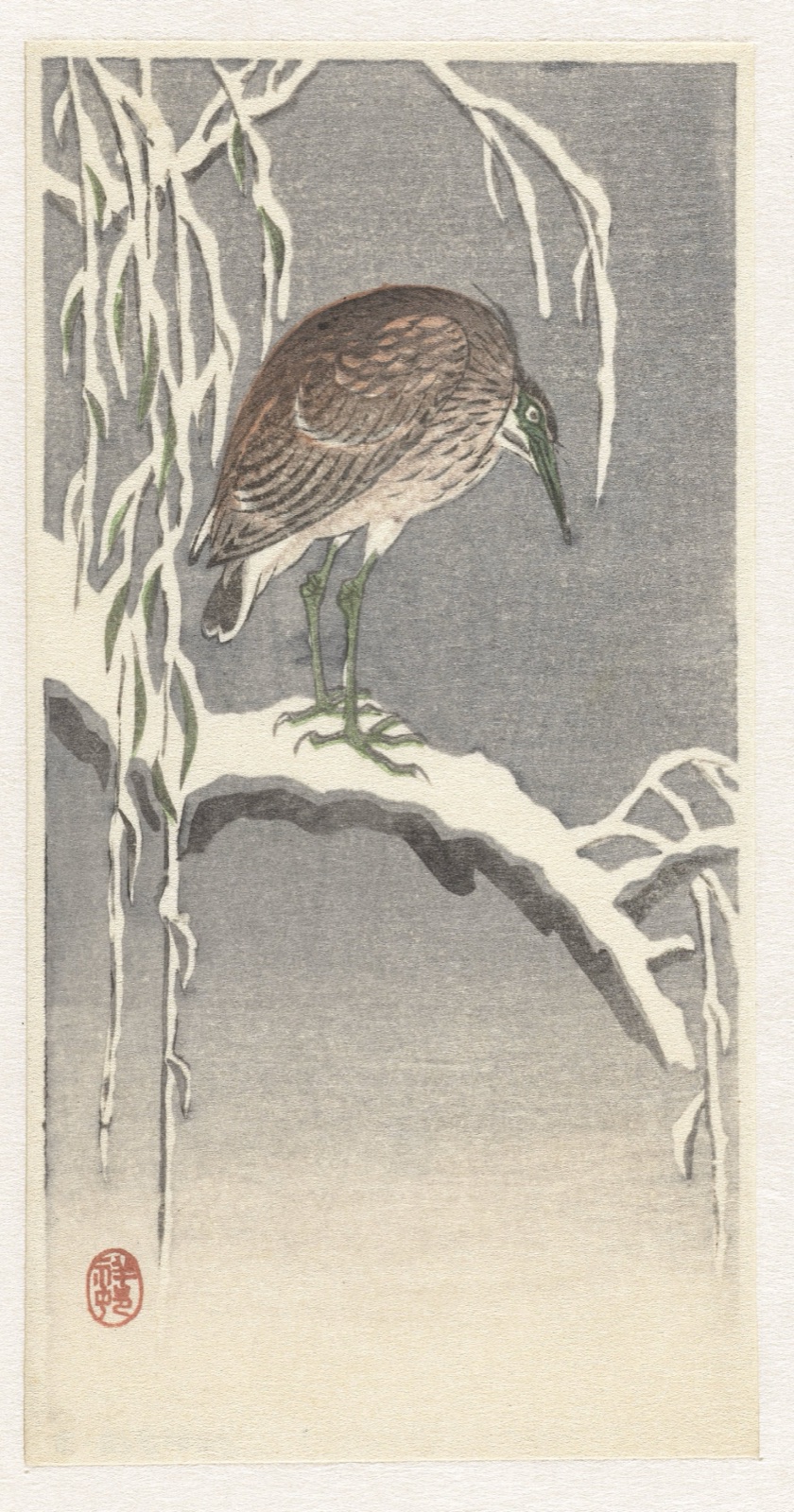 Reiger op besneeuwde boomtak — Ohara Koson (printmaker); Watanabe Shōzaburō (publisher)