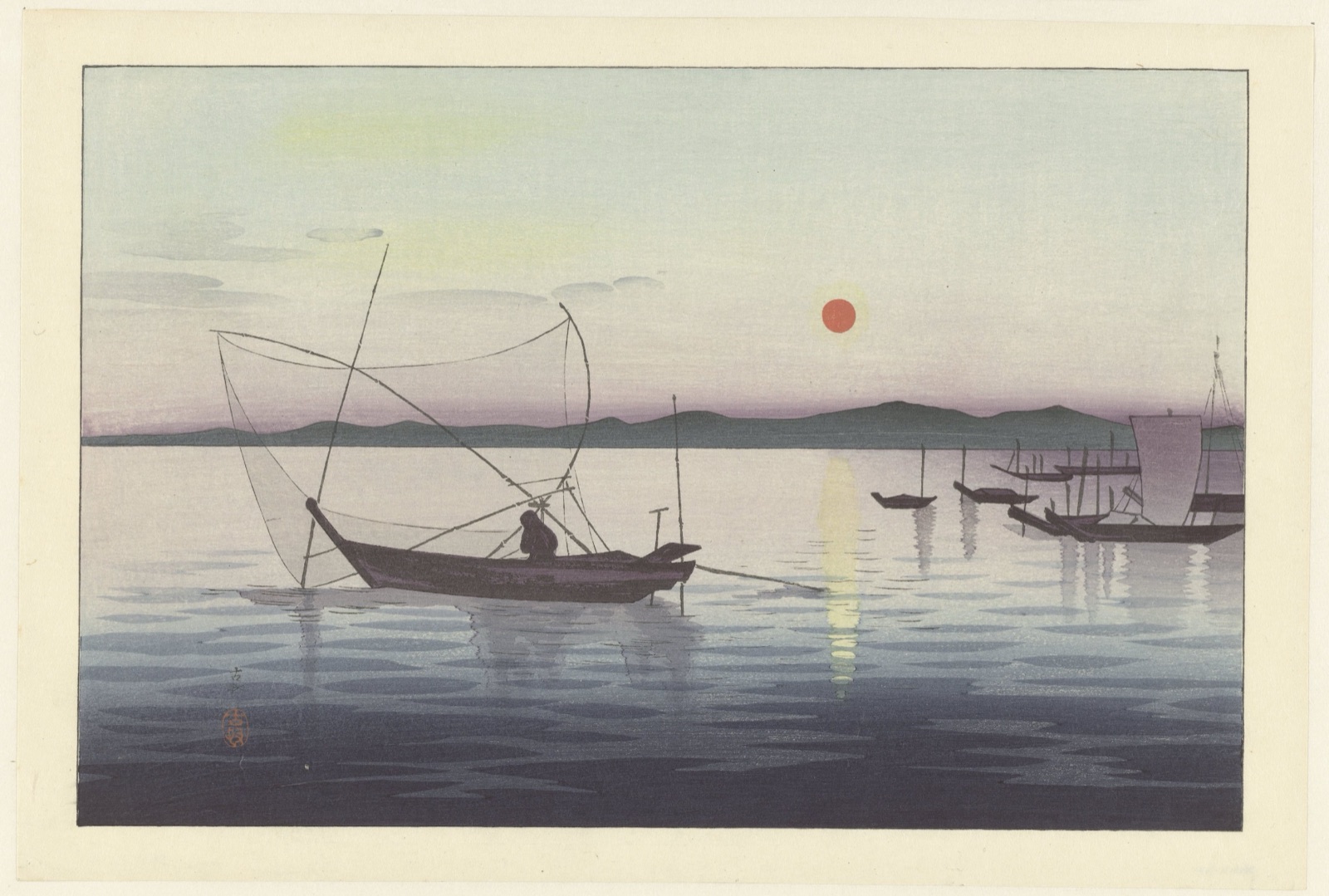 Boten en ondergaande zon. — Ohara Koson (printmaker)