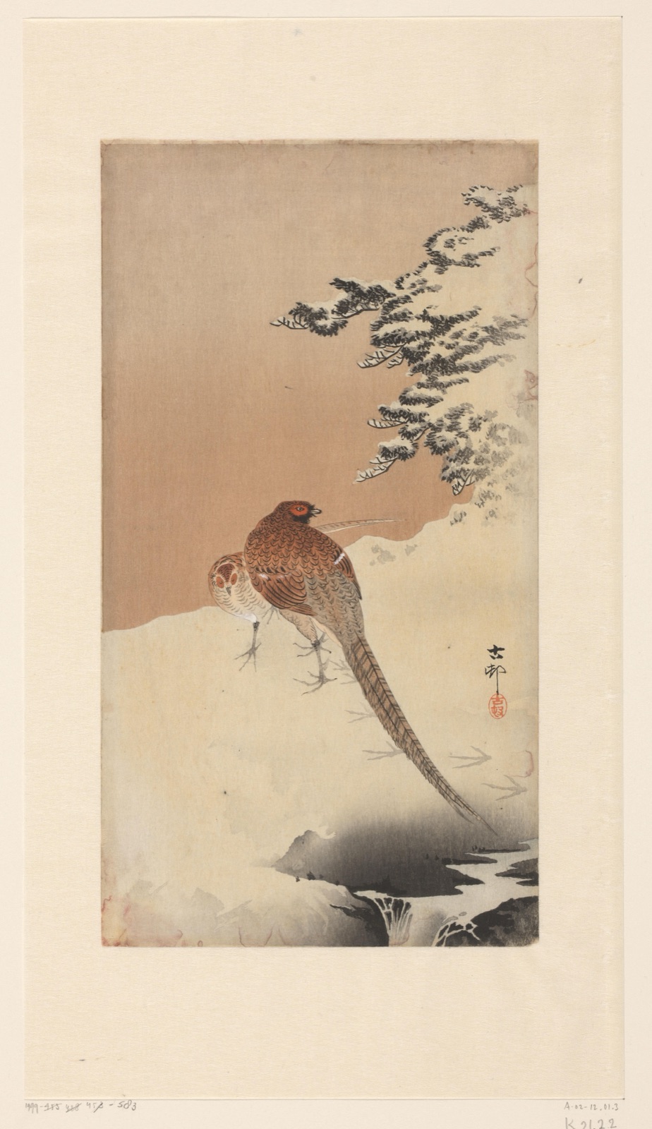 Fazanten in sneeuw — Matsuki Heikichi (publisher); Ohara Koson (printmaker)