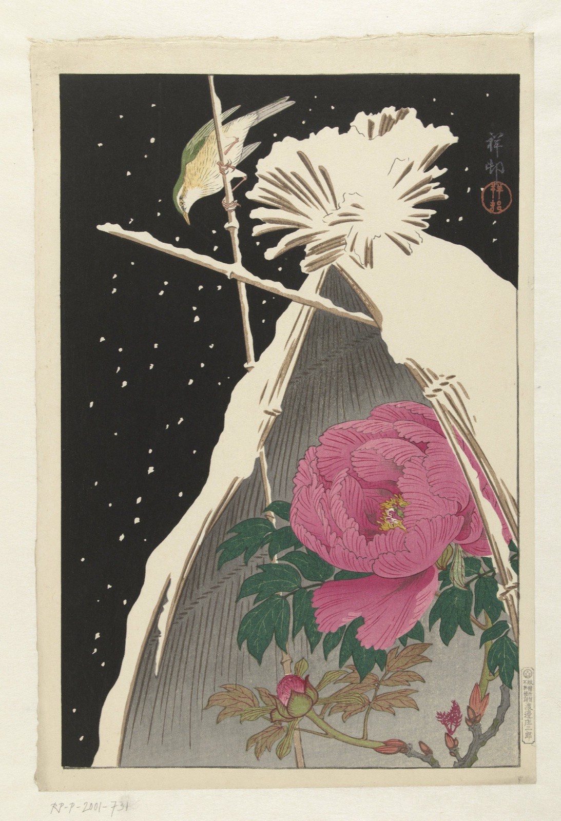 Siberische Blauwe Nachtegaal bij een pioenroos onder een besneeuwde schoof — Ohara Koson (printmaker); Watanabe Shōzaburō (publisher)