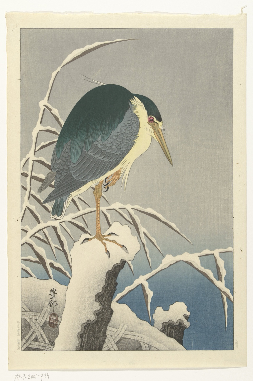 Reiger in sneeuw — Kawaguchi (publisher); Ohara Koson (printmaker)
