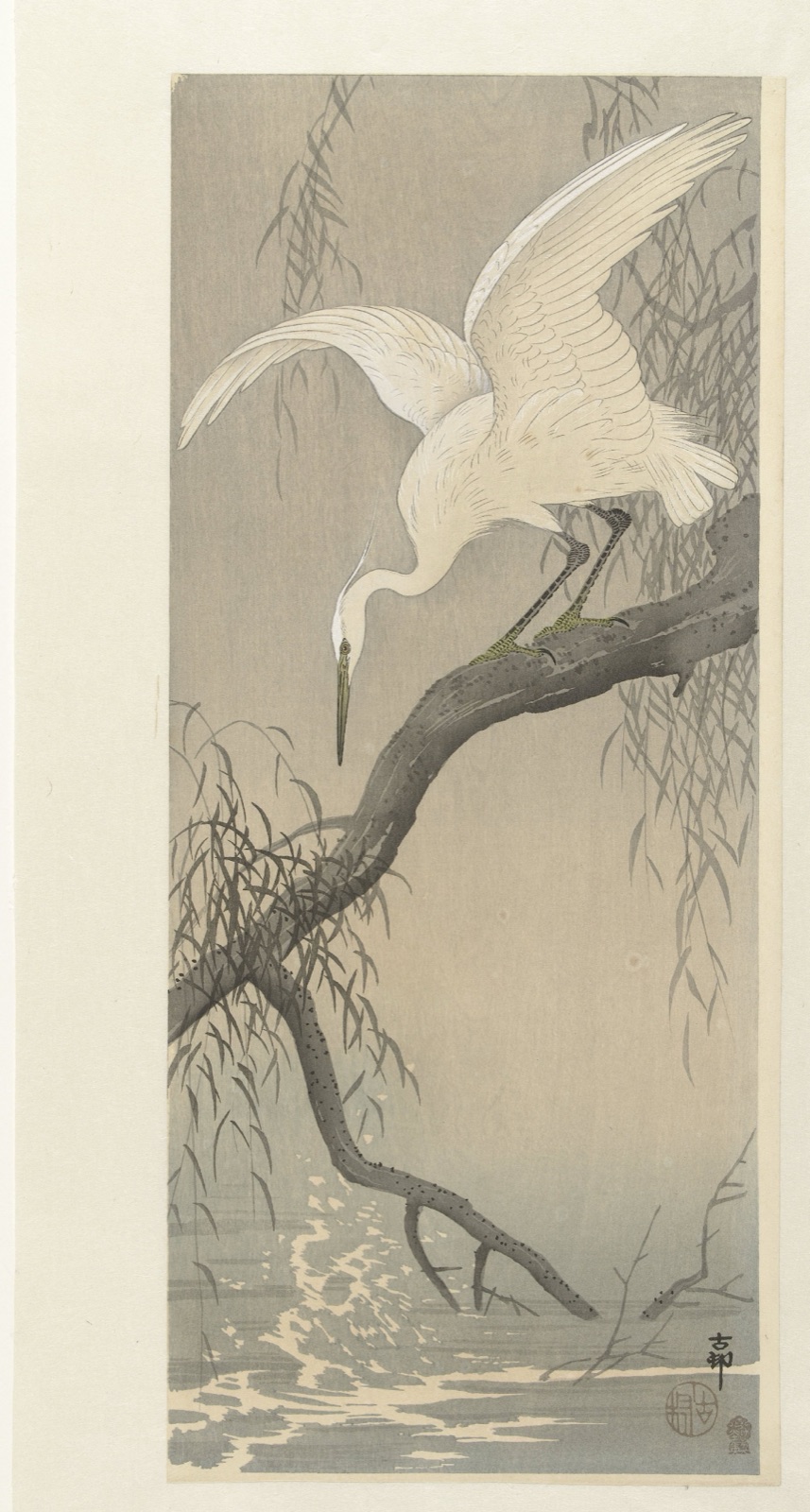 Witte reiger op boomtak — Akiyama Buemon (publisher); Ohara Koson (printmaker)