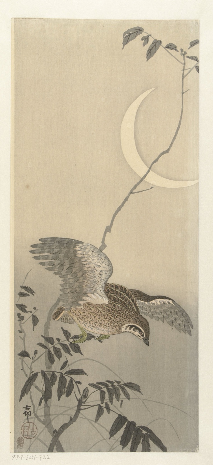 Kwartel bij sikkel maan — Akiyama Buemon (publisher); Ohara Koson (printmaker)