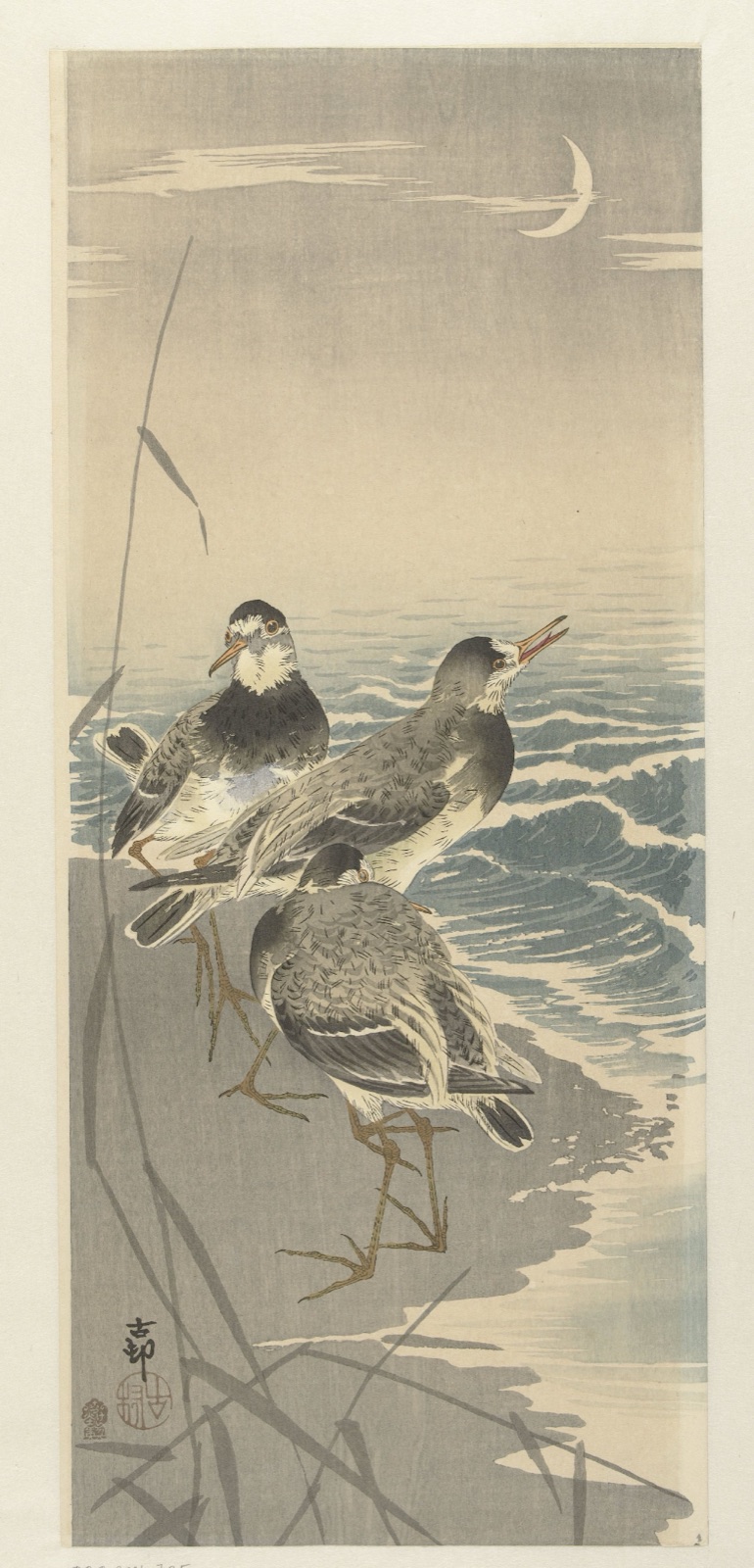 Oeverlopers bij sikkel maan — Ohara Koson (printmaker); Akiyama Buemon (publisher)