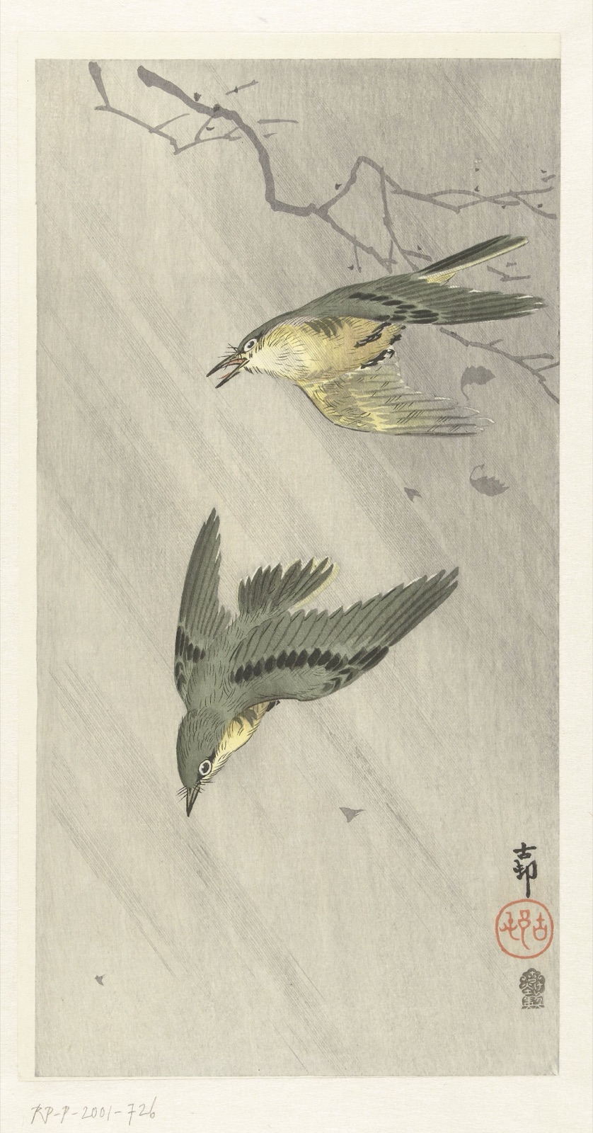 Zangvogels in regen — Akiyama Buemon (publisher); Ohara Koson (printmaker)