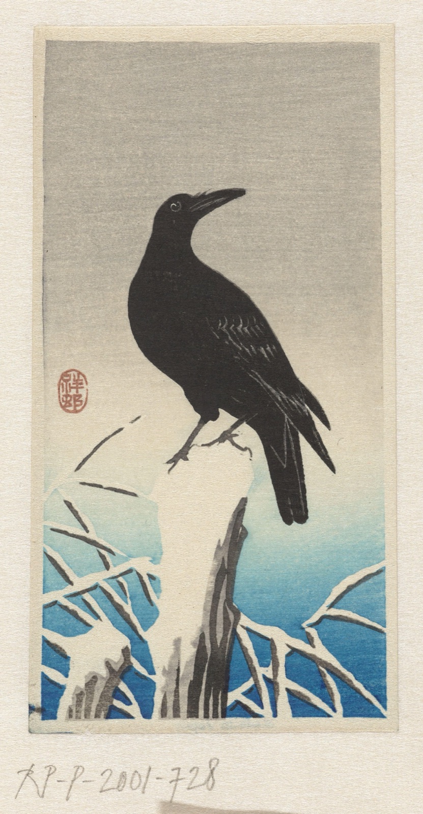 Crow on snow-covered tree stump — Watanabe Shōzaburō (publisher); Ohara Koson (printmaker)