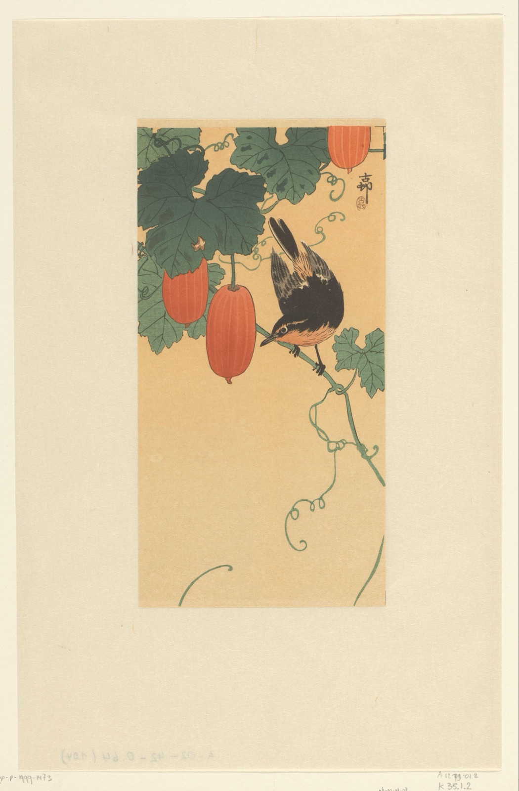 Zangvogel op plant met rode vruchten — Ohara Koson (printmaker)
