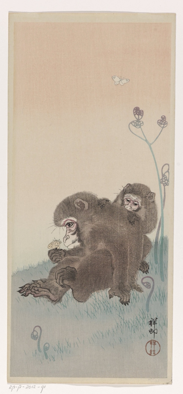 Twee apen met vlinder — Ohara Koson (printmaker)