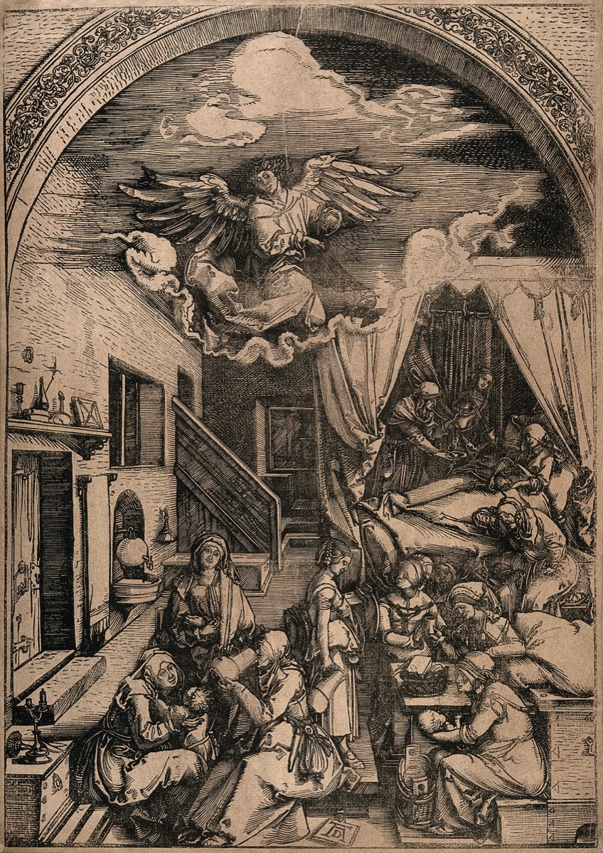 The birth of the Virgin Mary, Anna receives refreshments from attendants while the midwife gives Mary her first bath. Woodcut after A. Dürer, 1503. — Albrecht Dürer