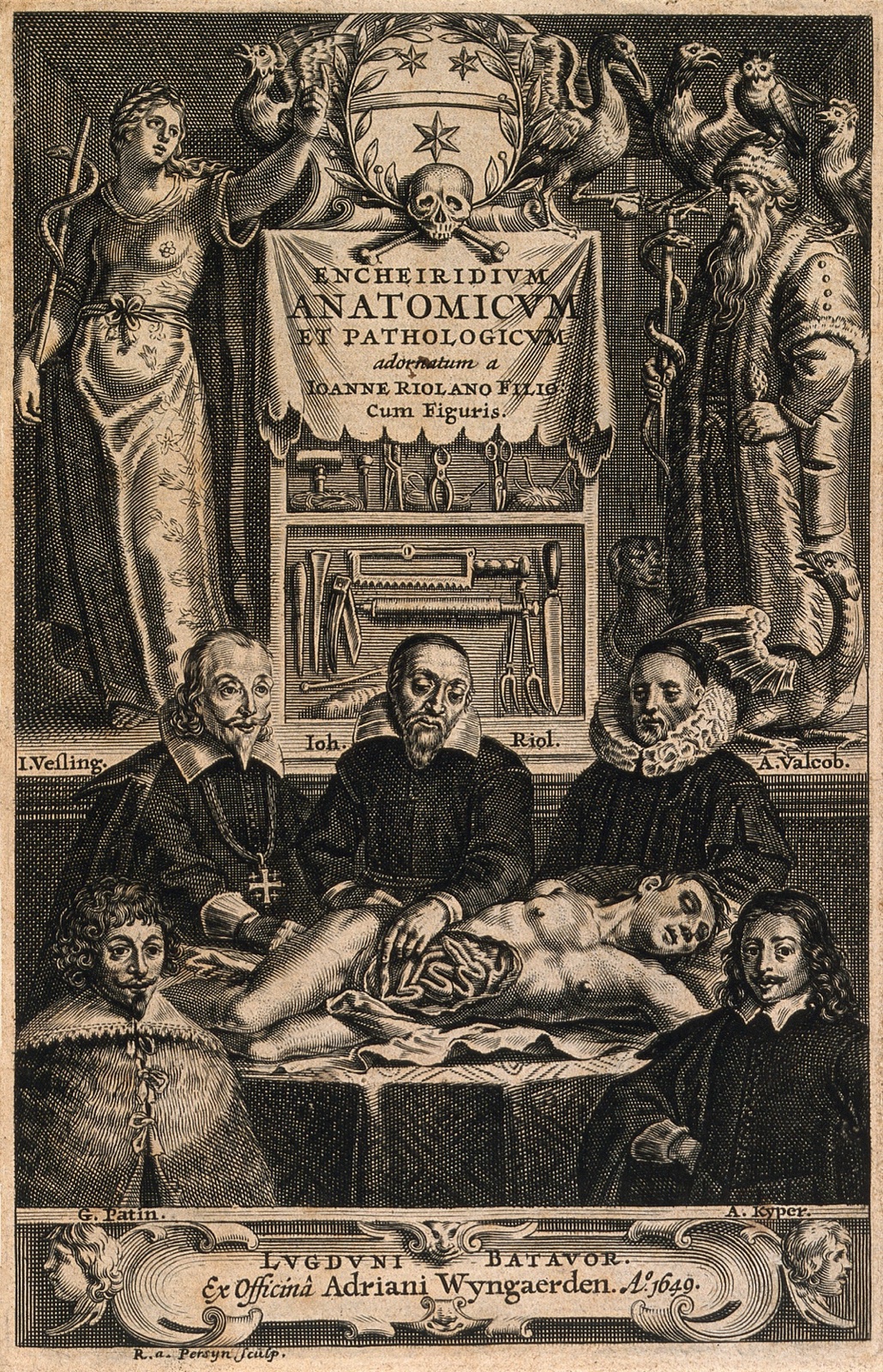 An anatomical dissection by Jean Riolan the younger (1580-1657). Engraving of 1649 by Renier van Persyn after a design of 1626 by Crispijn de Passe the second. — Crispijn van de Passe the Younger; Persyn, Renier, 1614-1668.