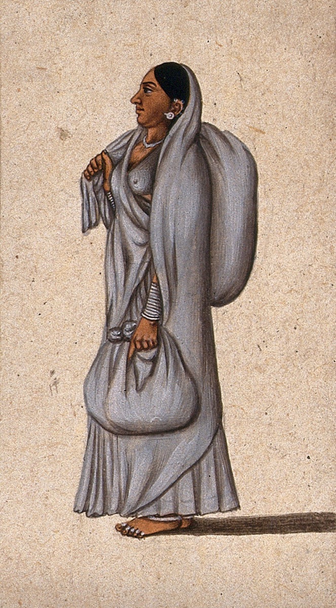 A woman carrying two cloth bundles, one slung over her right shoulder and the other in her left hand. Gouache painting by an Indian artist.