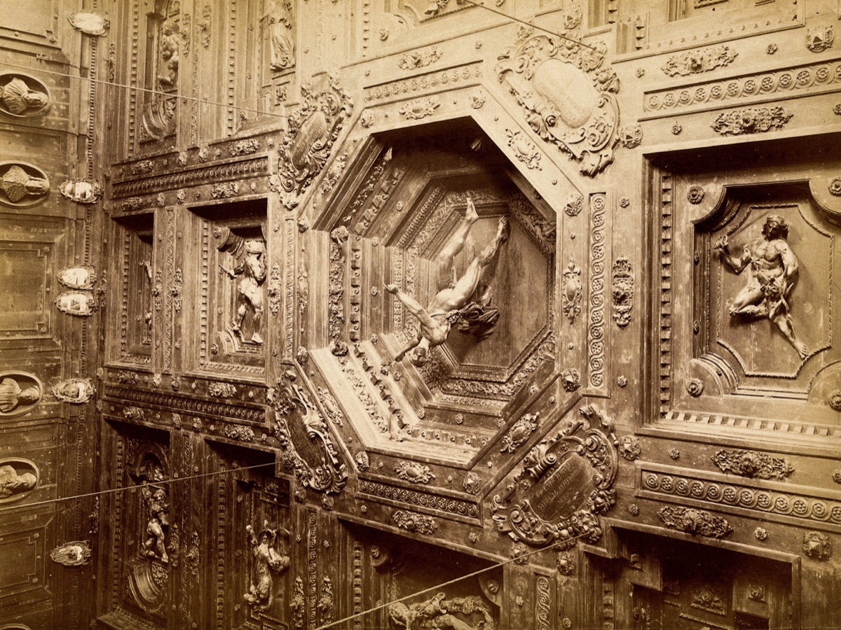 Archiginnasio, Bologna: the coffered ceiling of the anatomy theatre. Photograph by Fotografia dell'Emilia, 18---. — Fotografia dell'Emilia.