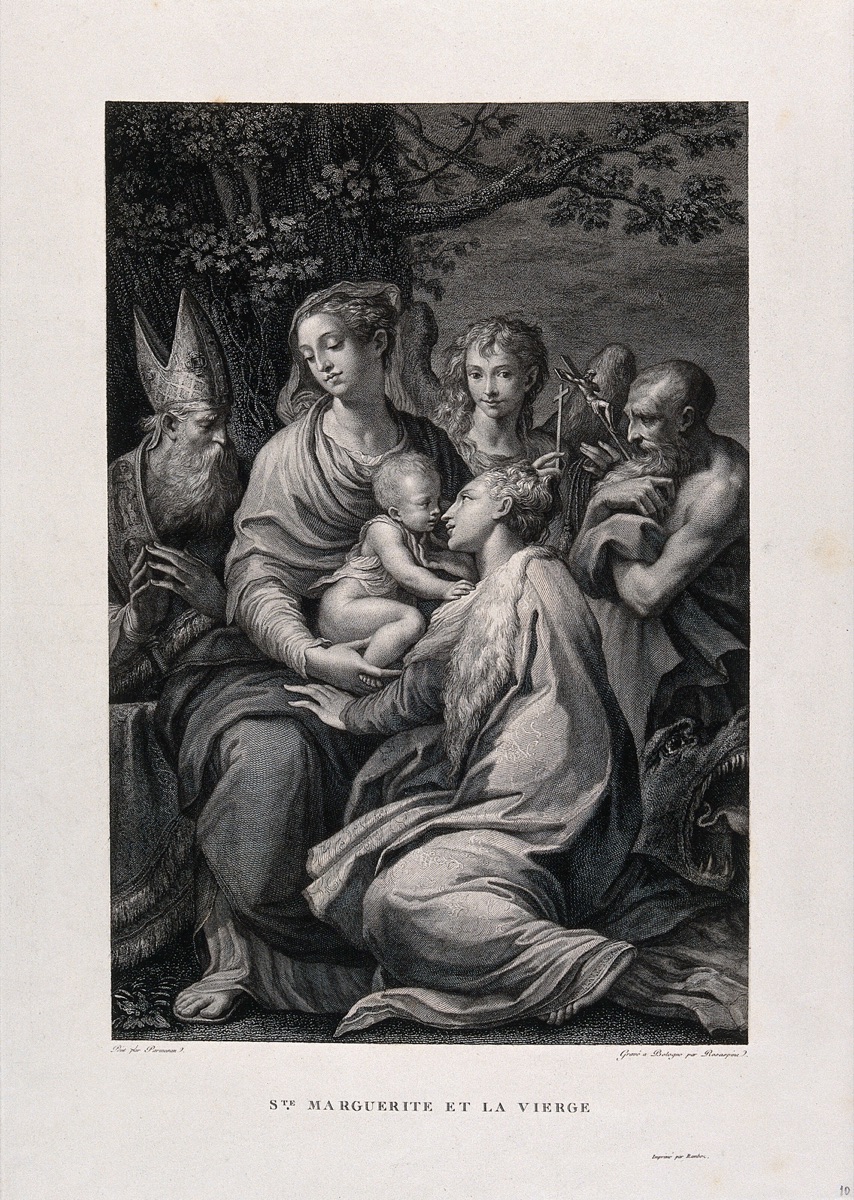 Saint Mary (the Blessed Virgin) with the Christ Child, a bishop saint, an angel, Saint Jerome and Saint Margaret. Engraving by F. Rosaspina after G.F.M. Mazzola, il Parmigianino. — Parmigianino, 1503-1540.; Francesco Rosaspina