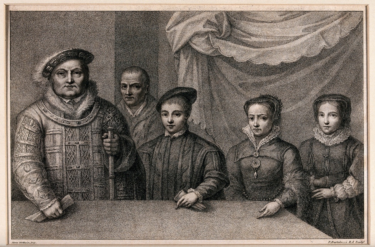 King Henry VIII and his three children; Will Summers, the King's jester is in the background. Stipple engraving by F. Bartolozzi after H. Holbein the Younger, ca. 1800. — Hans Holbein the Younger; Francesco Bartolozzi