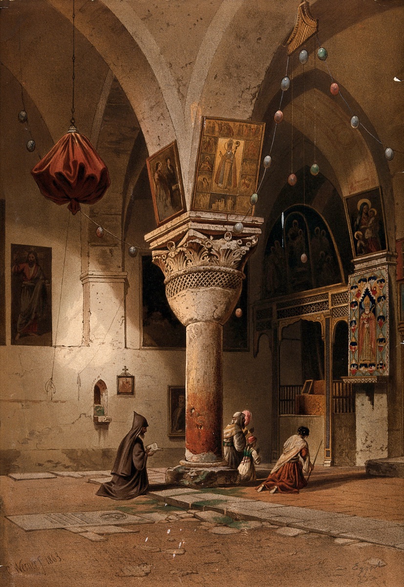 Holy Land (Palestine): a monk and other people praying in a church. Colour lithograph by C. Werner, 1863. — Carl Werner