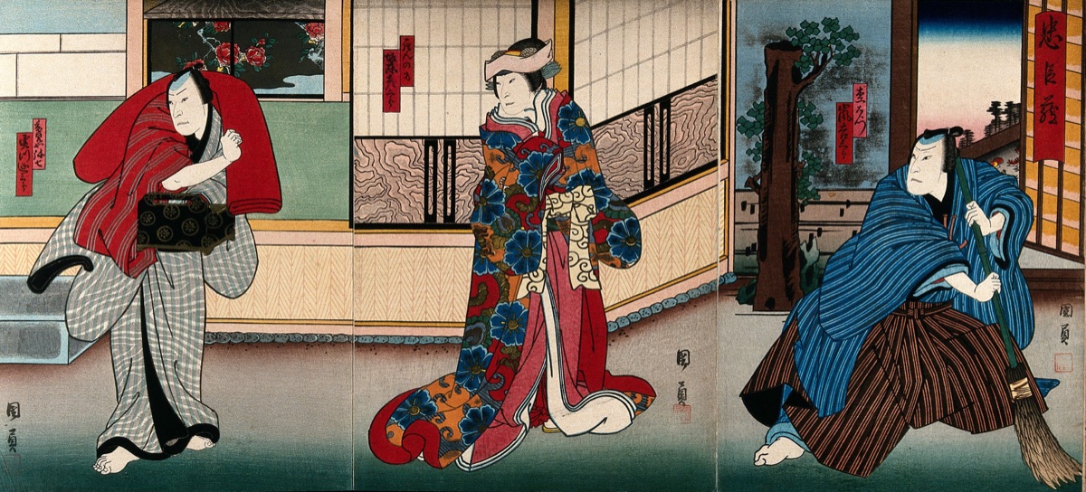 Actors in a garden outside a house. Colour woodcut by Kunikazu, early 1860s. — Kunikazu, Utagawa Kunikazu, active 1848-1868.
