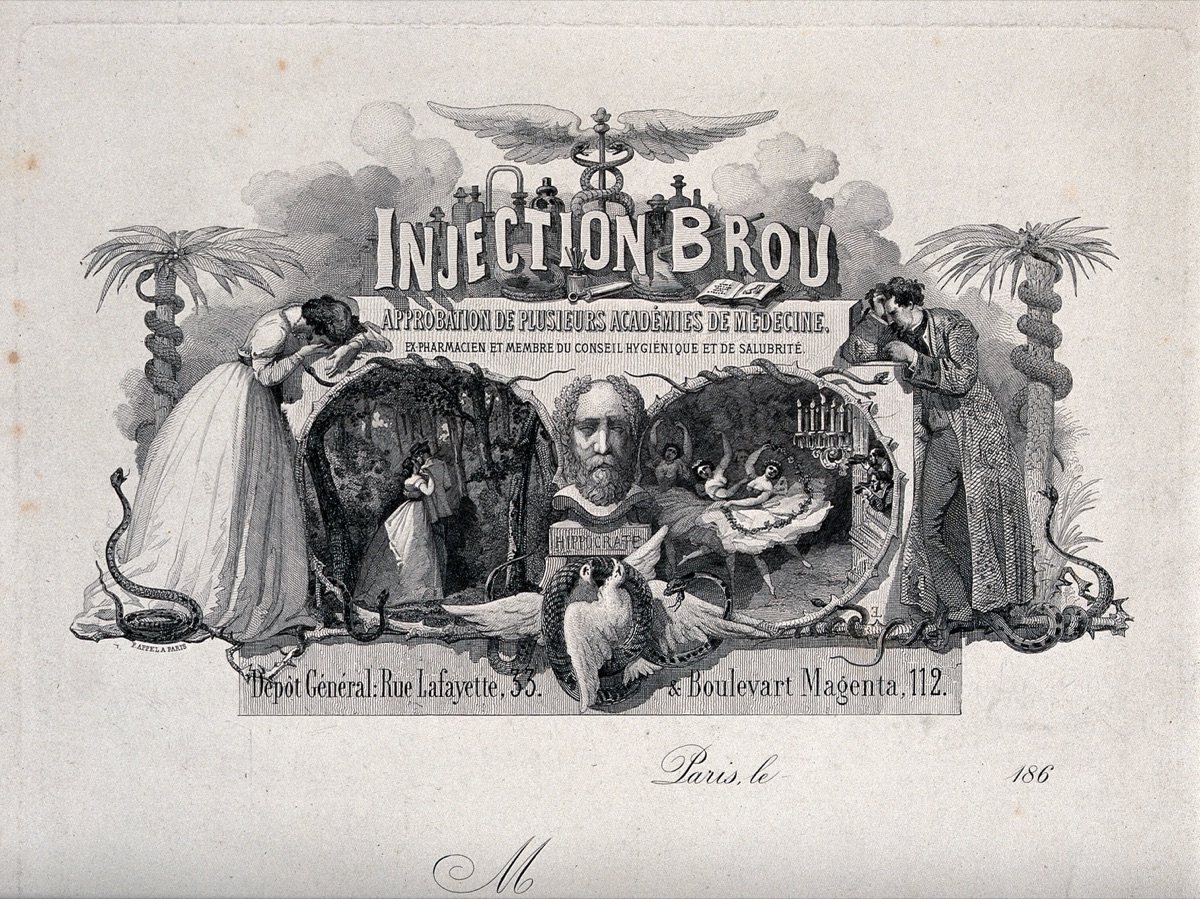 Pharmaceutical bill-head of Injection Brou: the head of Hippocrates, a couple in a forest and ballet dancers. Etching, 186-. — Brou de Laveyssière, active 1865.