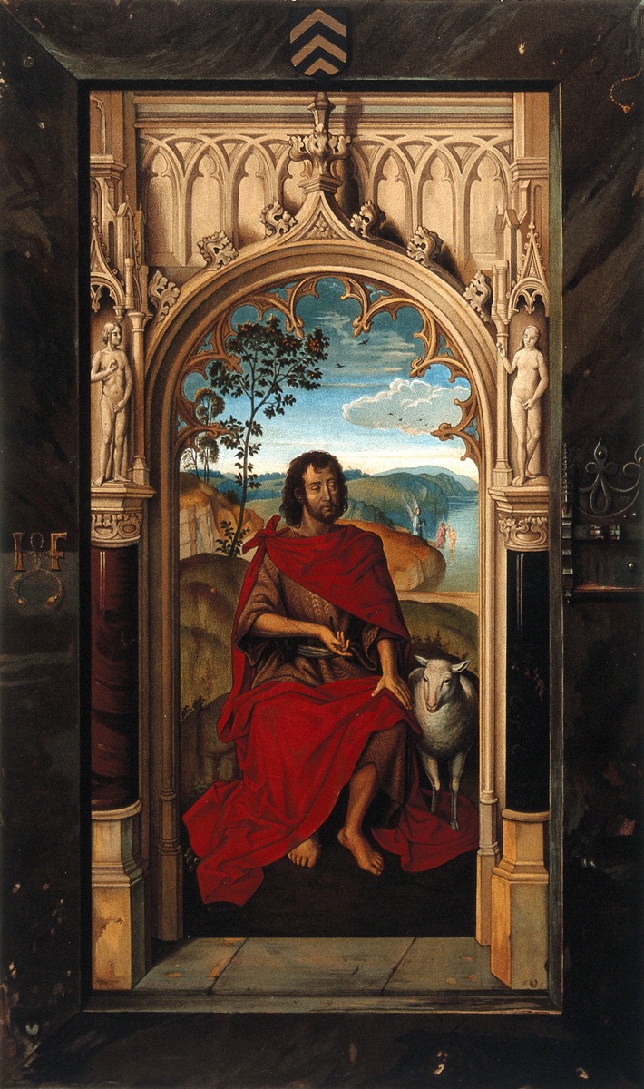 Saint John the Baptist. Colour lithograph by A. Pralon after H. Memlinc. — Hans Memling; Pralon, Antoine, -1897.