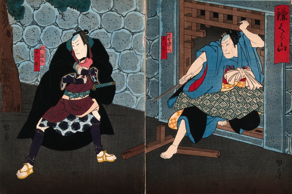 Actors in confrontation at a gate. Colour woodcut by Kunikazu, early 1860s. — Kunikazu, Utagawa Kunikazu, active 1848-1868.