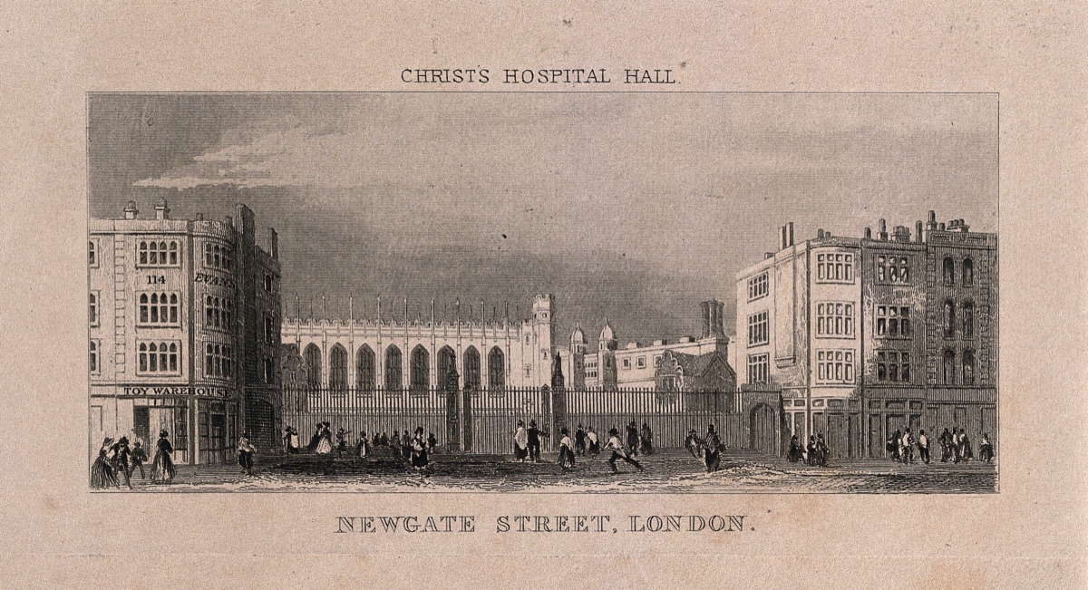 Christ's Hospital, London: the exterior, seen from Newgate Street. Engraving. — Thomas Hosmer Shepherd