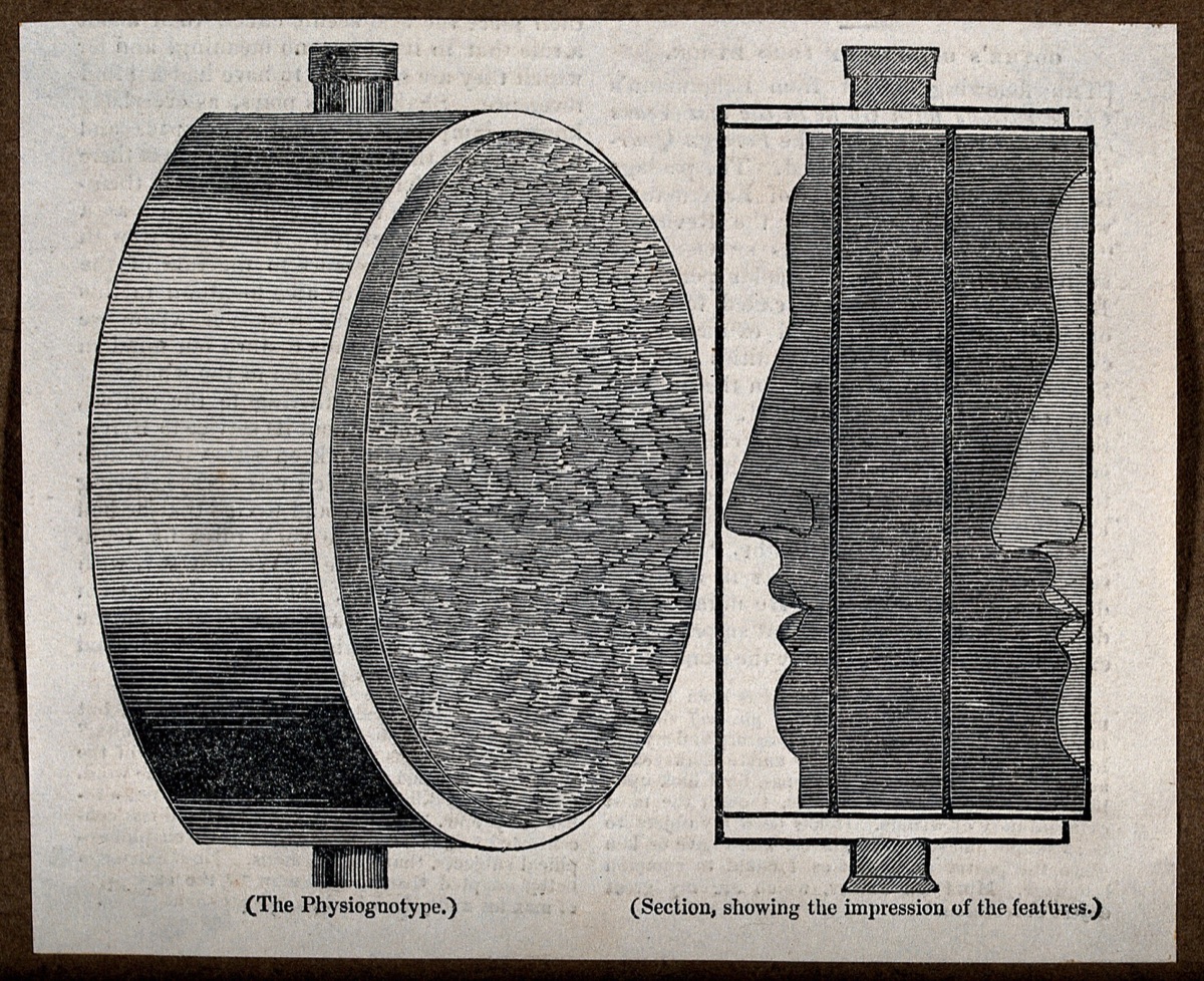 The physiognotype for recording facial profiles, and a cross section showing the impression of the features. Wood engraving with letterpress, 1837.