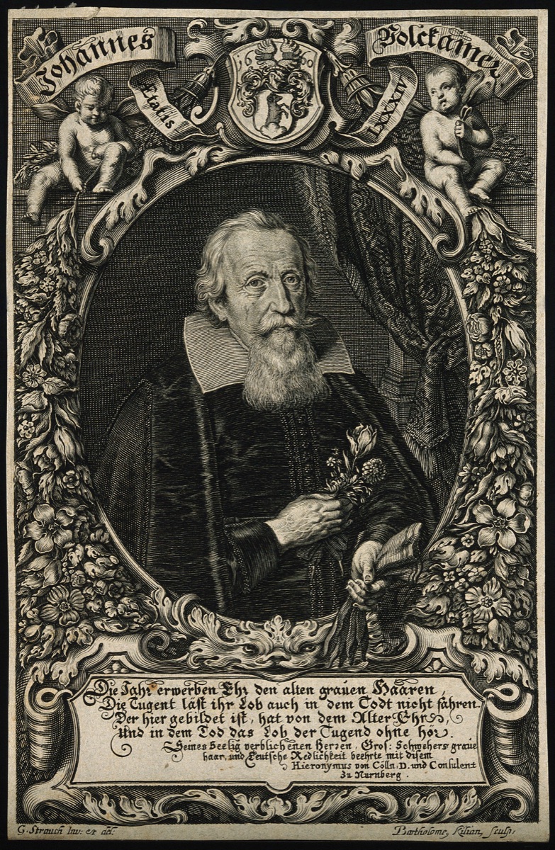 Johannes Volckamer. Line engraving by B. Kilian, 1660, after G. Strauch. — Georg Strauch; Bartholomäus Kilian; Cölln, Hieronymus von, 1622-1691.