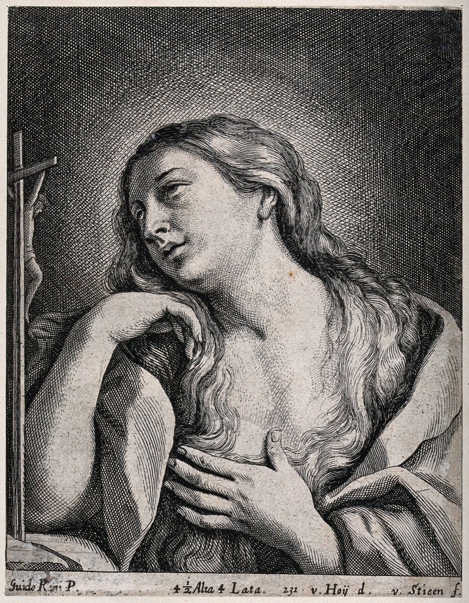 Saint Mary Magdalen. Engraving by F. van der Stieen after N. van Hoy after G. Reni. — Guido Reni; Nikolaus van Hoy; Franciscus van der Steen