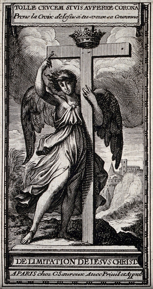 An angel (representing religion?) presenting the cross. Etching after L. Baugin. — Lubin Baugin