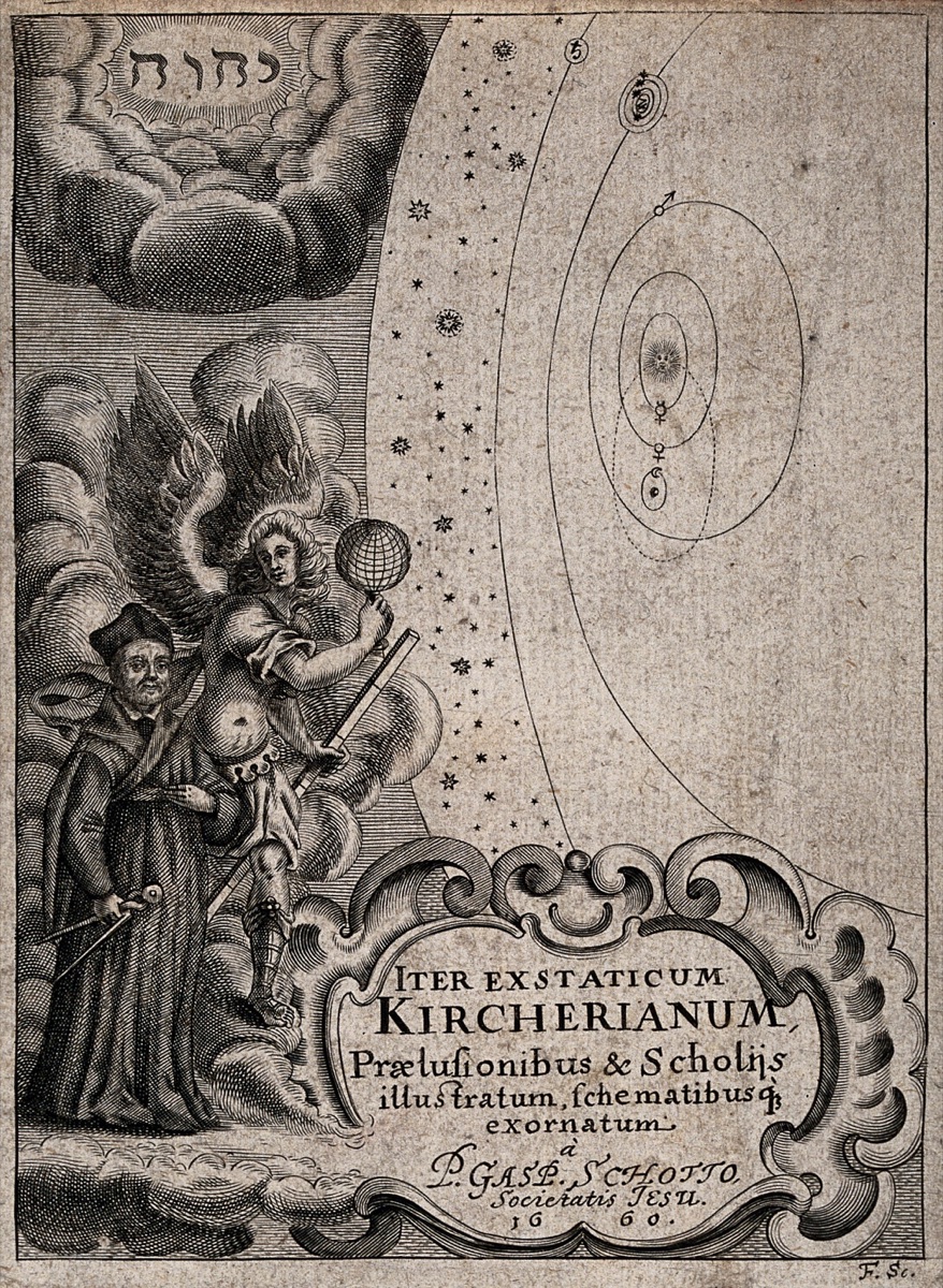 Athanasius Kircher being guided by an archangel to the celestial spheres. Engraving by J.F. Fleischberger, 1660. — Johann Friedrich Fleischberger; Gaspar Schott