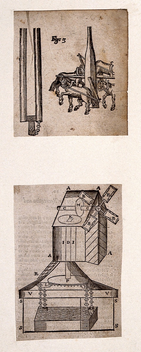 Hydraulics: two devices. Woodcut, 1659. — Isaac de Caus