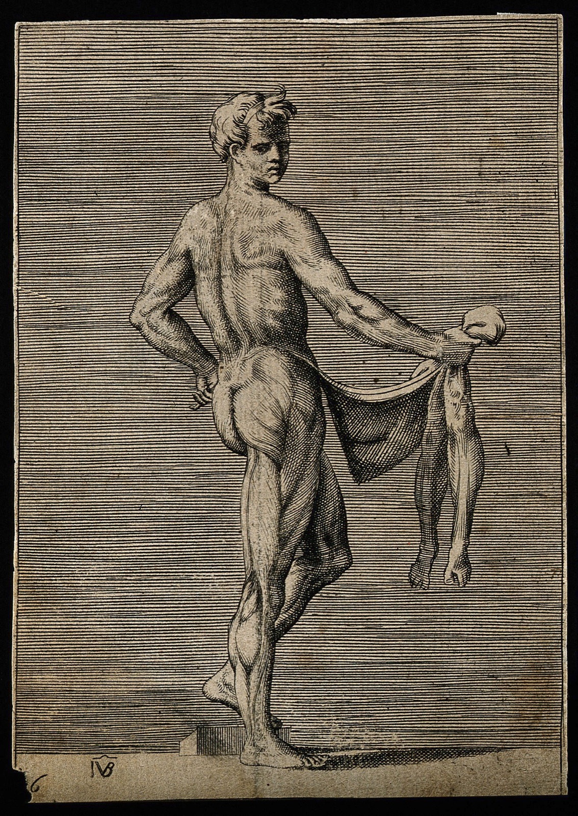 A male écorché figure in three-quarter view seen from the right, holding the skin of his legs in his right hand. Engraving by G. Bonasone, 155-. — Giulio Bonasone