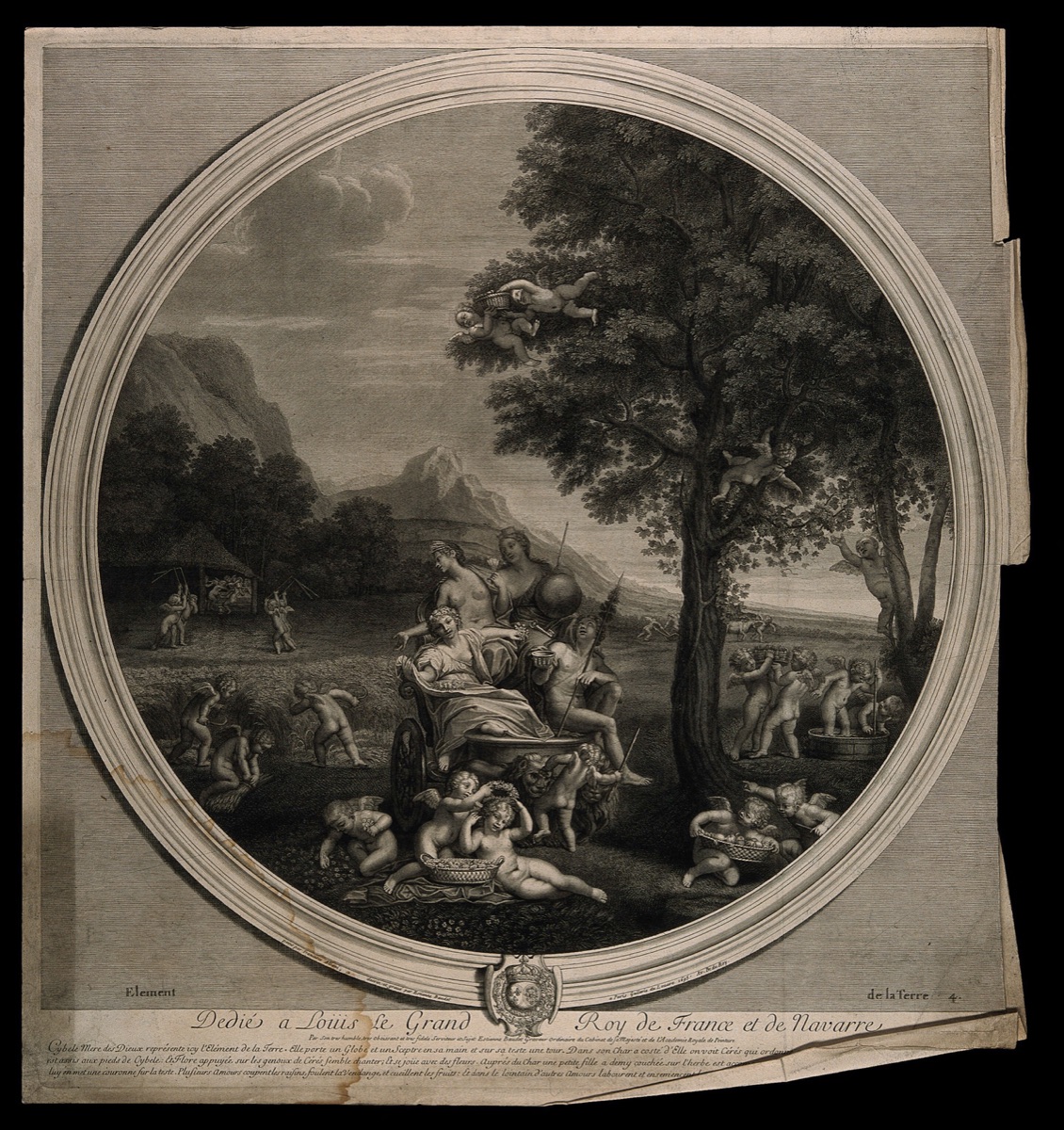 Cybele, Bacchus, Ceres and Flora on a chariot drawn by lions surrounded by all forms of natural abundance and cherubs, symbolising the element earth. Engraving by E. Baudet, 1695, after F. Albani. — Francesco Albani; Louis XIV of France; Étienne Baudet