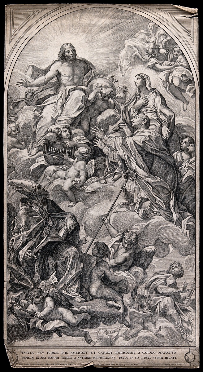 Christ with Saint Ambrose, Saint Mary (the Blessed Virgin), Saint Charles Borromeo, and Saint Thomas the Apostle and angels. Etching by P. Aquila after C. Maratta. — Carlo Maratta; Francesco Faraone Aquila