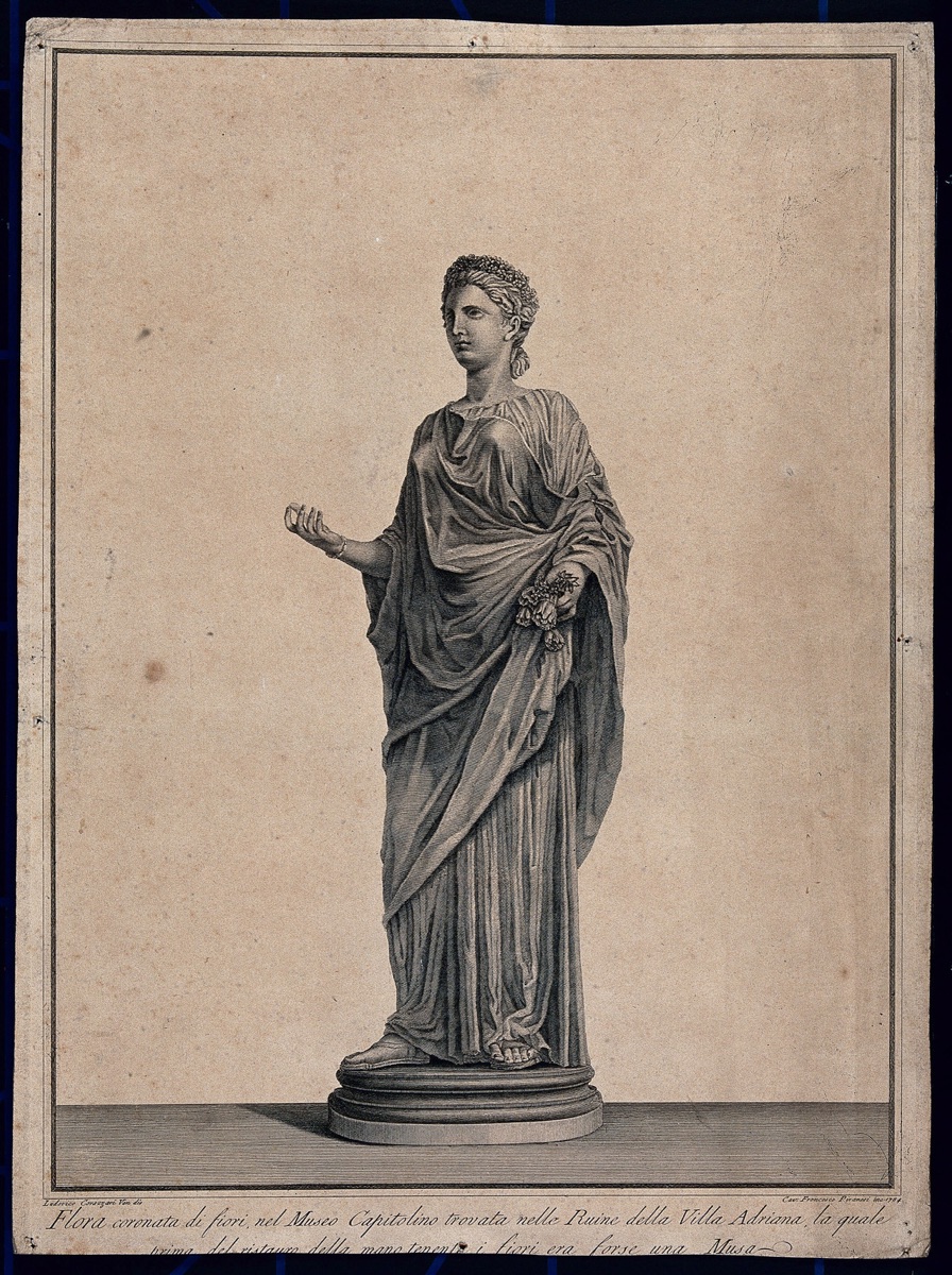 An antique statue of Flora crowned with flowers, from Hadrian's villa at Tivoli. Etching by F. Piranesi, 1784, after L. Corazzari. — Corazzari, Ludovico.; Francesco Piranesi