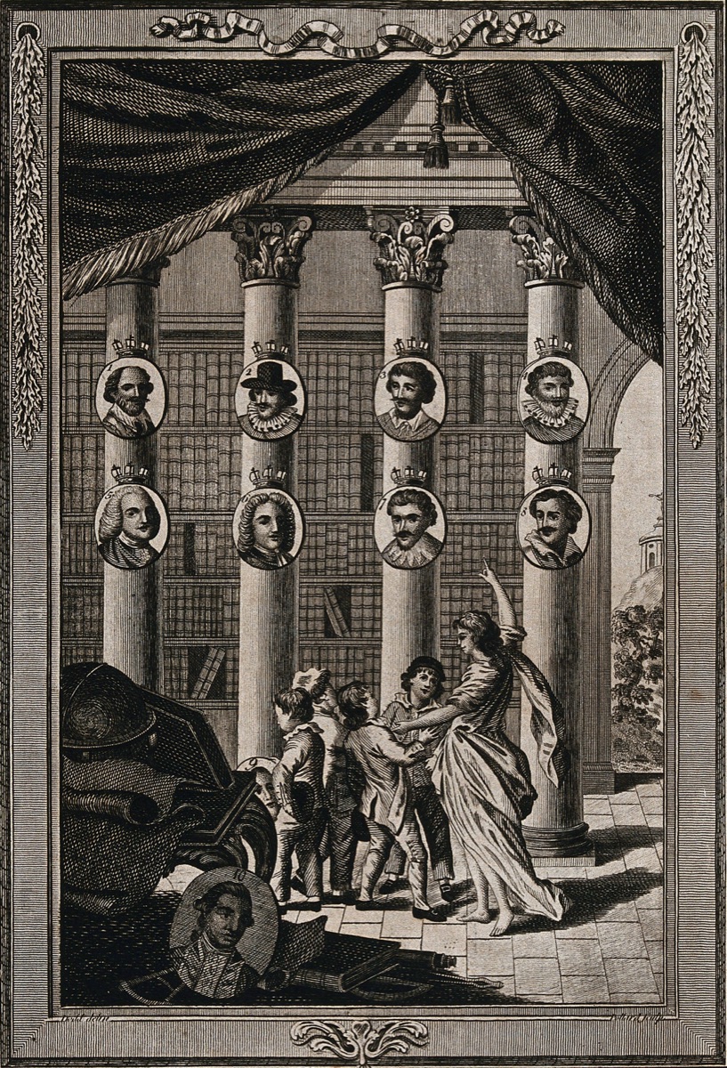 Children being instructed in the exploits of famous explorers such as Columbus and Cook, whose portraits are shown in roundels. Etching by R. Pollard after Dodd, 17--. — Robert Dodd; Robert Pollard